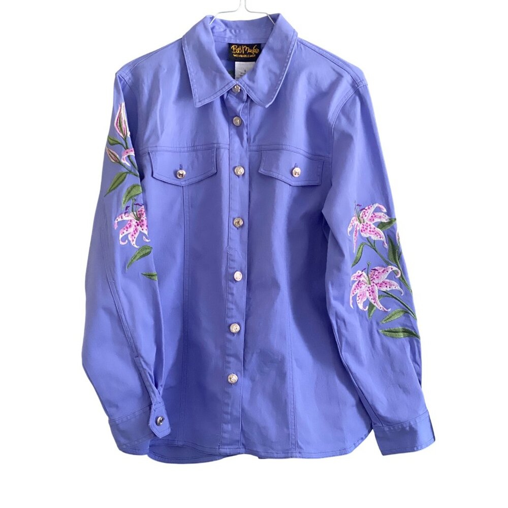 VTG Bob Mackie Shirt Jacket Wearable Art Purple Embroidered Floral Button Women
